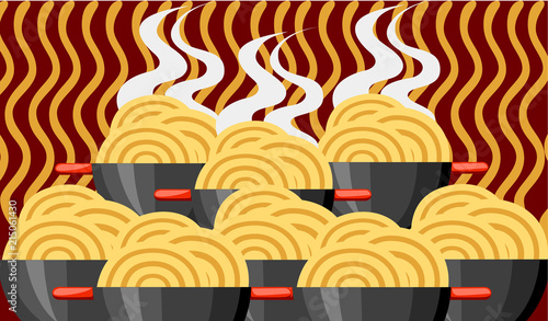 Bowl with ramen noodles. Korean, Japanese, Chinese food. Black bowl with red handle. Big group of bowls with noodles. Flat vector illustration on textured background