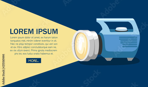 Big blue shining flashlight. Tourist or special flashlight with handle. Flat vector illustration with place for text. Concept design for website or advertising