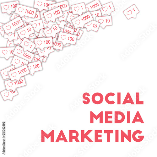Social media icons. Social media marketing concept. Falling pink like counter. Top left corner eleme
