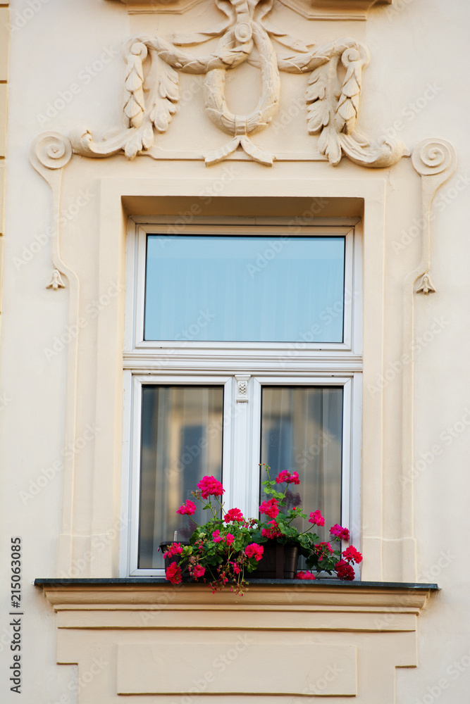 Old window on the baroque facade. Czech. Prague.