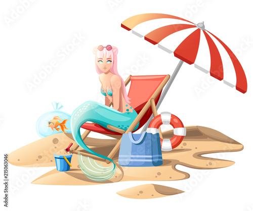 Beautiful mermaid. Cute cartoon style mermaid sitting on beach chair. Pink hair color and turquoise bra and tail. Flat vector illustration on white background with sand
