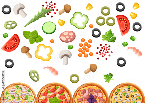 Group of pizza with ingredients. Flat style design. Concept for menu of pizzeria, cafe, restaurant. Vector illustration on white background