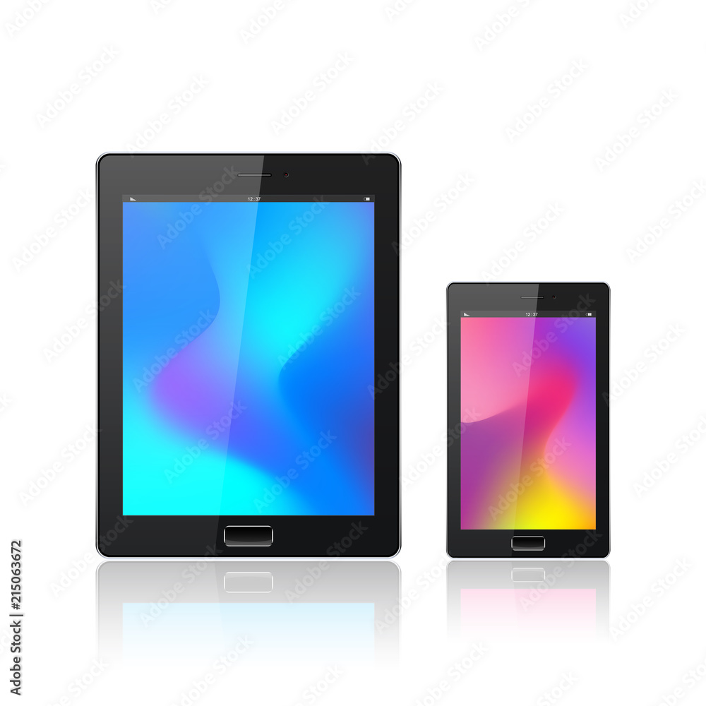 Modern digital tablet PC with mobile smartphone isolated on the white. Abstract fluid 3d shapes vector trendy liquid colors backgrounds. Colored fluid graphic composition. Modern digital tablet PC with mobile smartphone isolated on the white. Abstract fluid 3d shapes vector trendy liquid colors backgrounds. Colored fluid graphic composition.