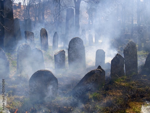Cemetery headstones in veil of mist, Jewish cemetery in Straznice, Hodonin district, Southern Moravia, Czech Republic, Europe photo
