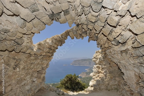 Ruins of a church with a barrel vault, castle hill Monolithos, Rhodes, Greece, Europe
