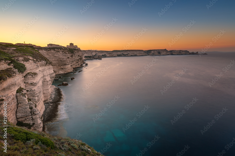 Sunrise over cliffs and Mediterranean at Bonifacio in Corsica