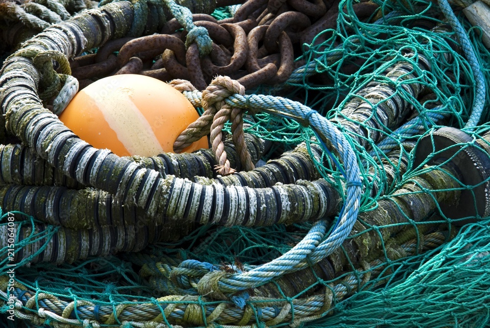 Nets and fishing equipment in the port of Sassnitz, Ruegen, Mecklenburg-Western Pomerania, Germany, Europe