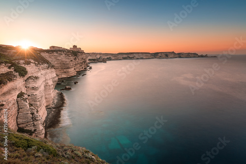 Sun rising over cliffs and Mediterranean at Bonifacio in Corsica