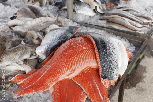 Salmon and other kinds of fish, market stall, Sneem, Ring of Kerry, County Kerry, Ireland, British Isles, Europe photo