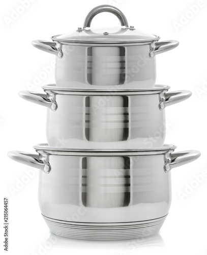 Set of three metal pans, stack of pans on a white background