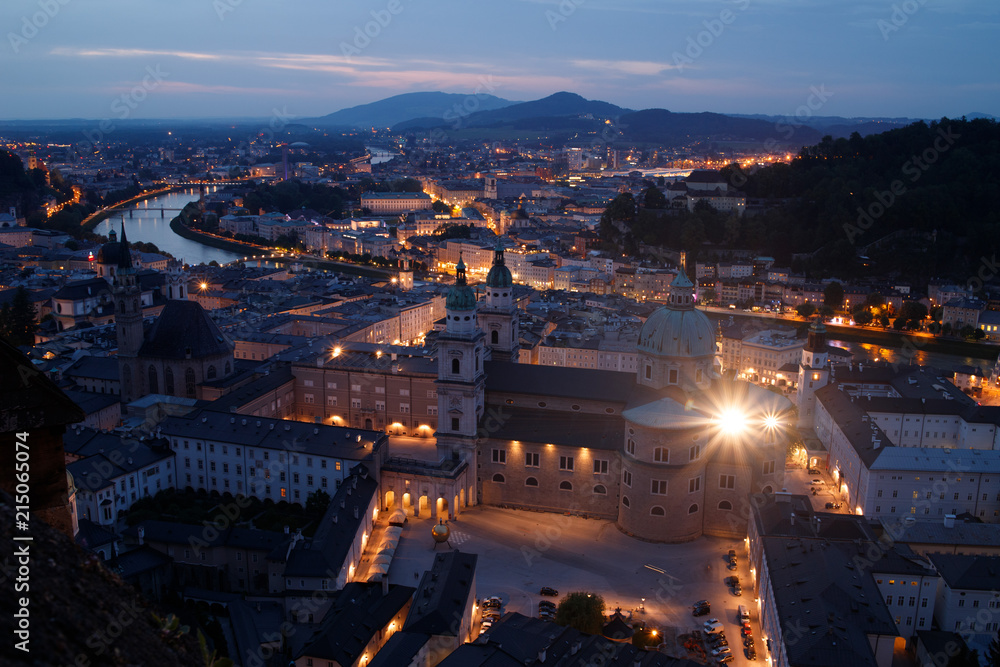Aerial view of the historic city of Salzburg in the evening