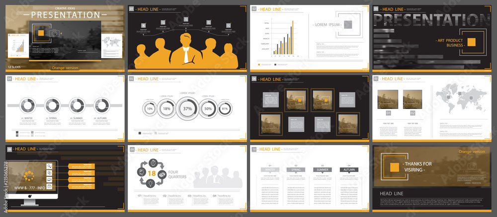 A set of orange,black elements of infographics, white background.Themes, presentations.Slide set.Use business presentations,corporate reports, marketing, advertising,anniversaries booklets banners - obrazy, fototapety, plakaty 