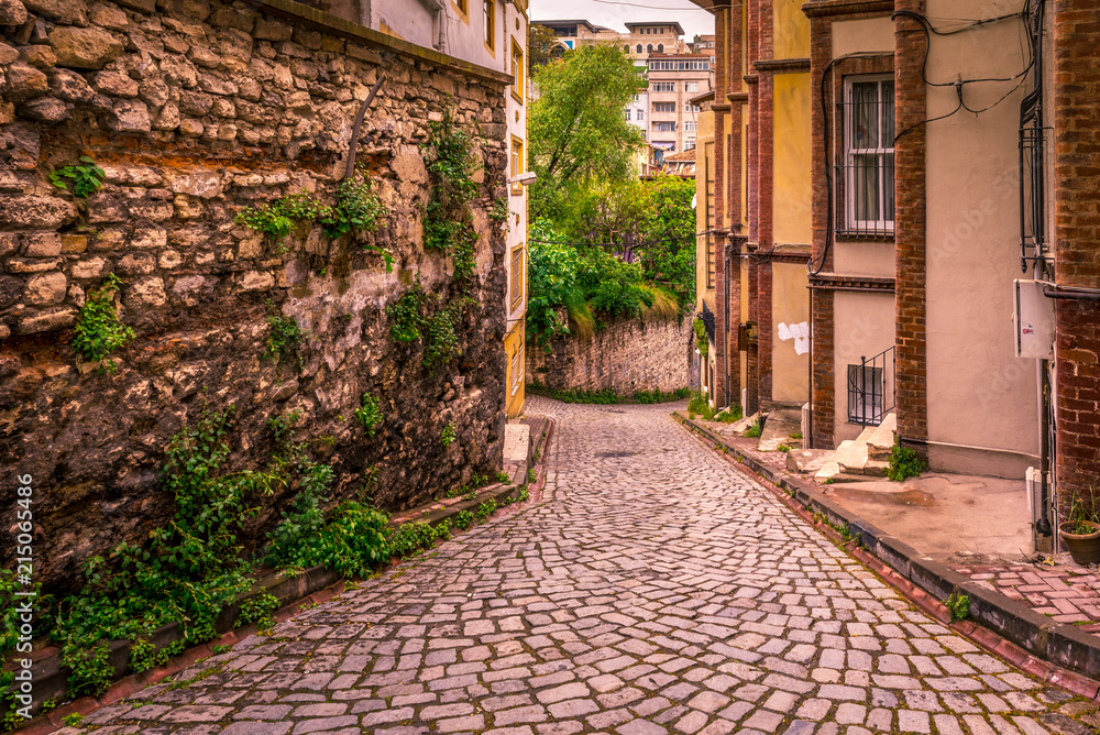 Vintage view of Traditional street and houses  at balat area.Street view in historical Balat district. Balat is popular attraction in Istanbul.