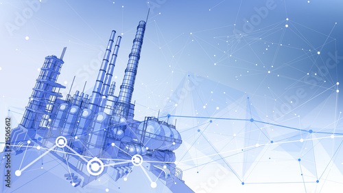 modern chemical manufacturing plant on a blue technological background with a stylized digital wave - the concept of modern technology, the new industrial revolution & information technology / vector