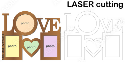 Frame for photos with inscription 'Love' for laser cutting. Collage of photo frames. Template laser cutting machine for wood and metal. The perfect gift for St. Valentine's Day.