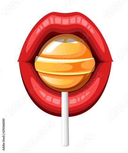 Sexy red lips with candy. Red female glossy lips and orange lollipop. Colored icon. Flat vector illustration isolated on white background