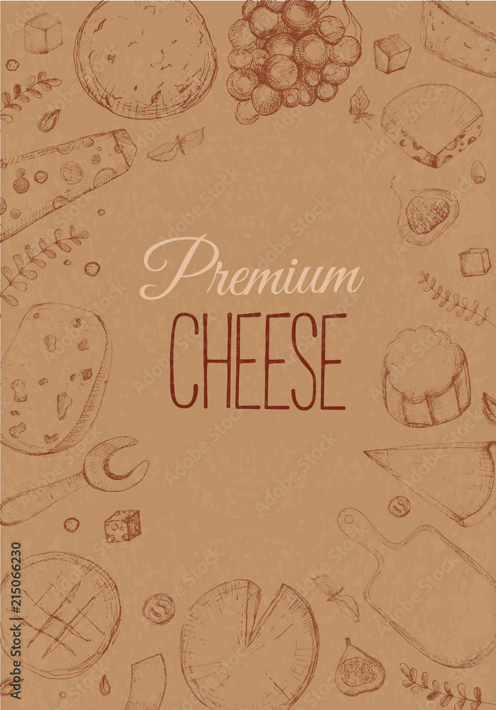 Sketch Cheese vertical banner. Restaurant menu on crafted paper with different types mozzarella, gauda, maasdam, Feta . Rustic design. Vector illustration Sketch Cheese vertical banner. Restaurant menu on crafted paper with different types mozzarella, gauda, maasdam, Feta . Rustic design. Vector illustration