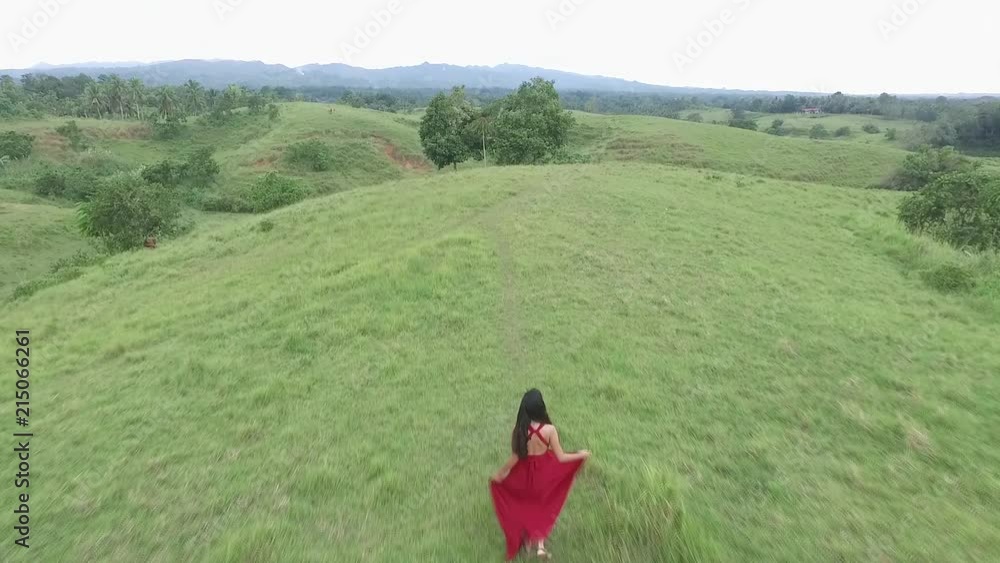 Young lady on a red dress walking on green grass land Young lady on a red dress walking on green grass land