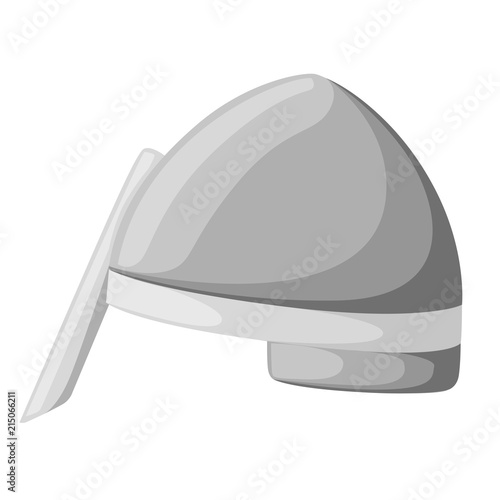 Norman culture. Medieval metal knight helmet. Silver colored armor. Warrior knight logo, emblem, symbol, sport mascot. Flat vector illustration isolated on white background