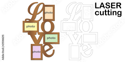 Frame for photos with inscription 'Love' for laser cutting. Collage of photo frames. Template laser cutting machine for wood and metal. The perfect gift for St. Valentine's Day.