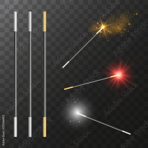Vector realistic magic wands with transparent colorful light effects on dark background