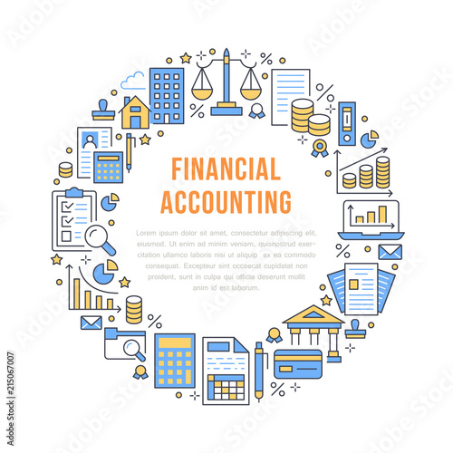 Financial accounting circle poster with flat line icons. Bookkeeping brochure concept, tax optimization, loan, payroll, real estate crediting. Accountancy, finance thin linear signs for legal services