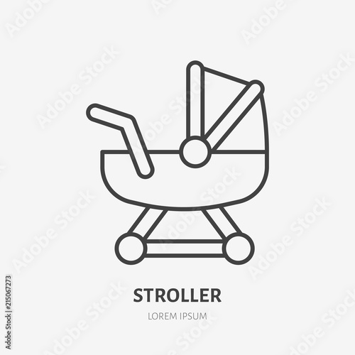 Stroller line icon, girl toy flat logo. Baby carriage, newborn vector illustration. Sign for kids shop.