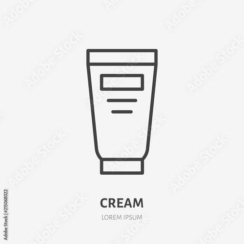 Cream flat line icon. Makeup beauty care sign, illustration of skin moisturizer in plastic tube. Thin linear logo for cosmetics store.
