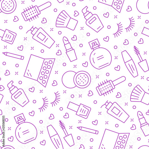 Makeup beauty care purple seamless pattern with flat line icons. Cosmetics illustrations of lipstick, mascara, perfume, eyeshadows, nail polish. Cute repeated background wallpaper signs make up store.
