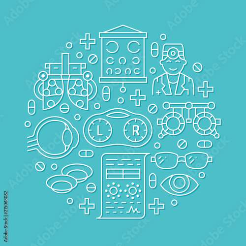 Ophthalmology, eyes health care circle porter with line icons. Optometry equipment, contact lenses, eye glasses, doctor, orb. Vision correction brochure signs for oculist clinic.