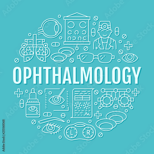 Ophthalmology, eyes health care circle porter with line icons. Vision correction brochure signs for oculist clinic. Optometry equipment, contact lenses, eye glasses, doctor, orb.