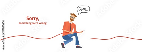 Nerdy guy with disconnected cable in his hands. Text warning message, sorry something went wrong. Oops 404 error page, vector template for website. Colored flat vector illustration. Horizontal. photo