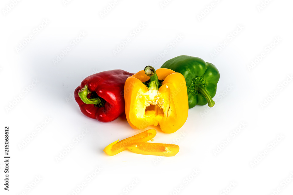 Yellow green and red bell sweet pepper with white background. Yellow green and red bell sweet pepper with white background.