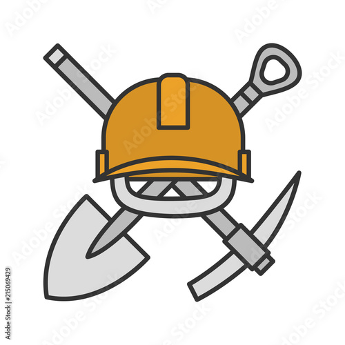 Crossed shovel and pickaxe with hard hat color icon