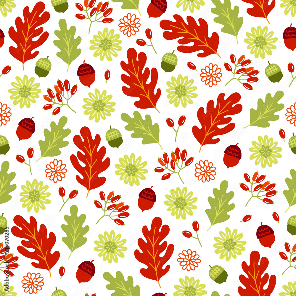Autumn seamless pattern with oak leaves, acorn, berries and flowers