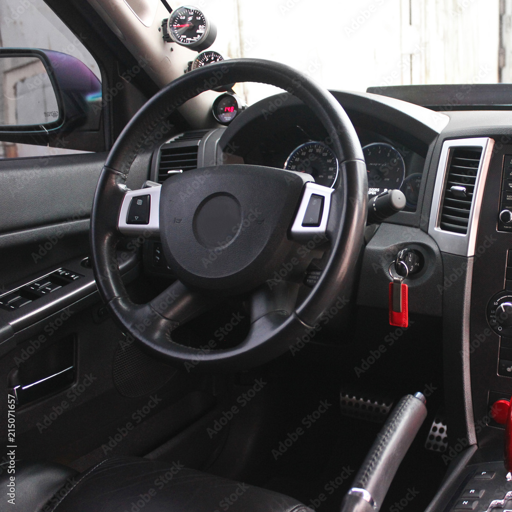  Car interior details. View of the interior of a modern automobile showing the dashboard