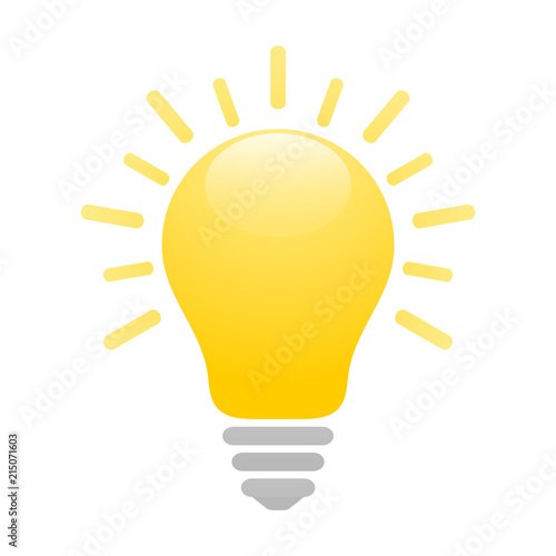 Shiny yellow light bulb icon with rays. Idea and creativity symbol.