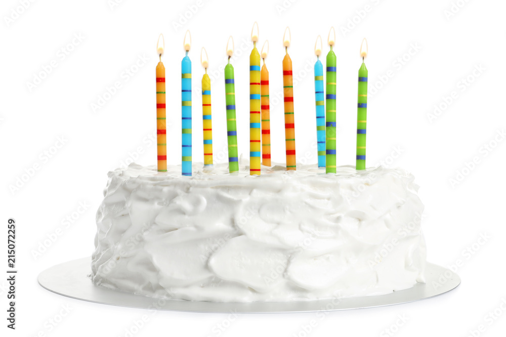 Birthday cake with candles on white background Stock Photo | Adobe Stock