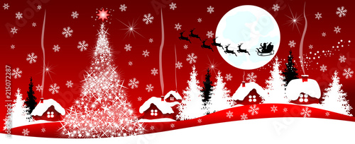 Christmas night in the village. Night scene of a Christmas holiday on a red background