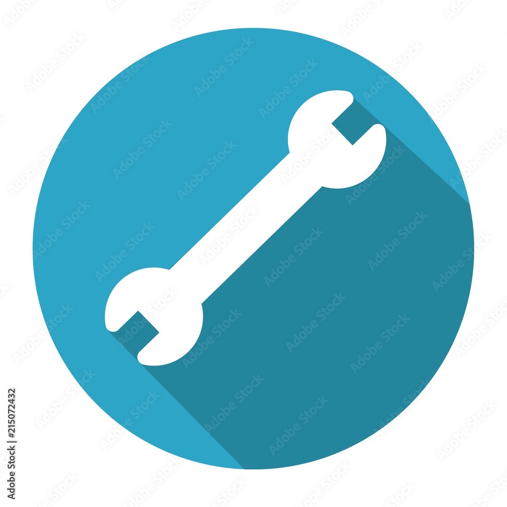 Flat icon white wrench in blue circle with long shadow. Vector illustration. Flat icon white wrench in blue circle with long shadow. Vector illustration.