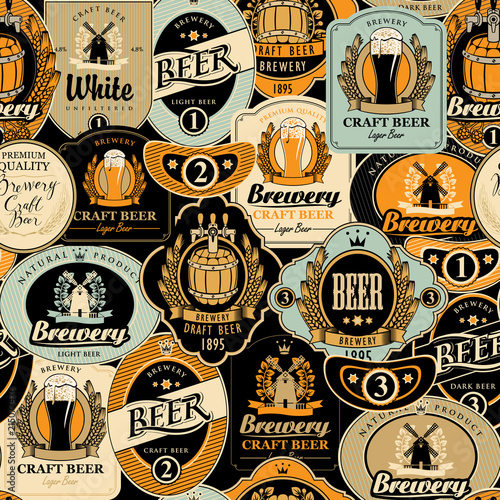 Vector seamless pattern on the theme of beer with various beer labels with images of barrels, beer glasses, mills, laurel wreathes, ears of wheat and other in retro style