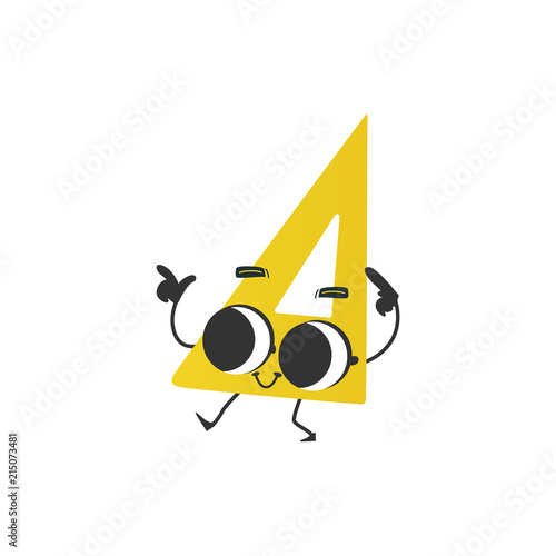 Flat humanized triangle ruler or square with arms and face emotions. Flat vector illustration. Happy, smiling character waving hands, Back to school concept, kids education instrument.
