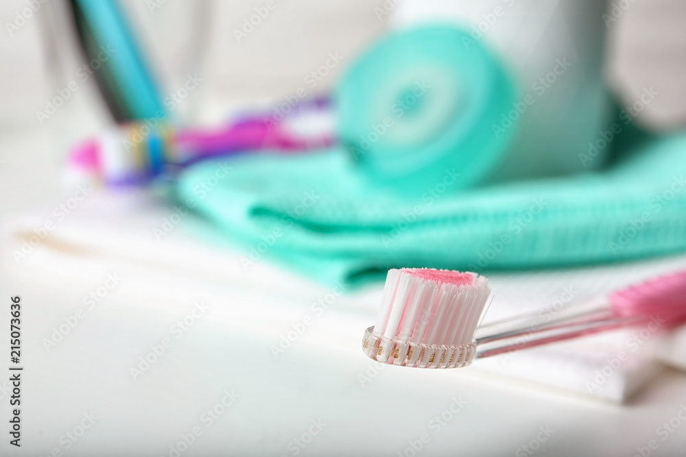 Manual toothbrush on table. Dental care Manual toothbrush on table. Dental care