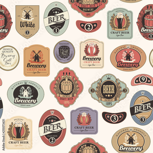 Vector seamless pattern on the theme of beer with various beer labels with images of barrels, beer glasses, mills, laurel wreathes, ears of wheat and other in retro style on light background