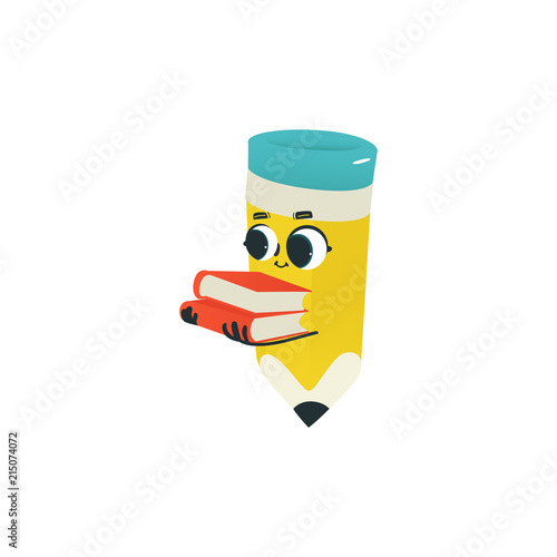 Flat humanized pencil with eraser at head, arms and face emotions. Flat vector illustration. Happy, smiling character holding books pile, Back to school concept, kids education instrument.