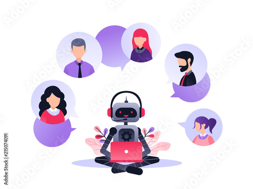 Vector illustration, customer service, chatbot hotline operator advises client, online global technical support 24-7, customer and robot operator. Artificial intelligence consulting people.