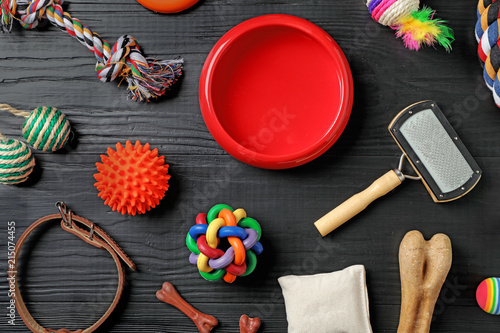 Fototapeta Naklejka Na Ścianę i Meble -  Flat lay composition with accessories for dog and cat on wooden background. Pet care