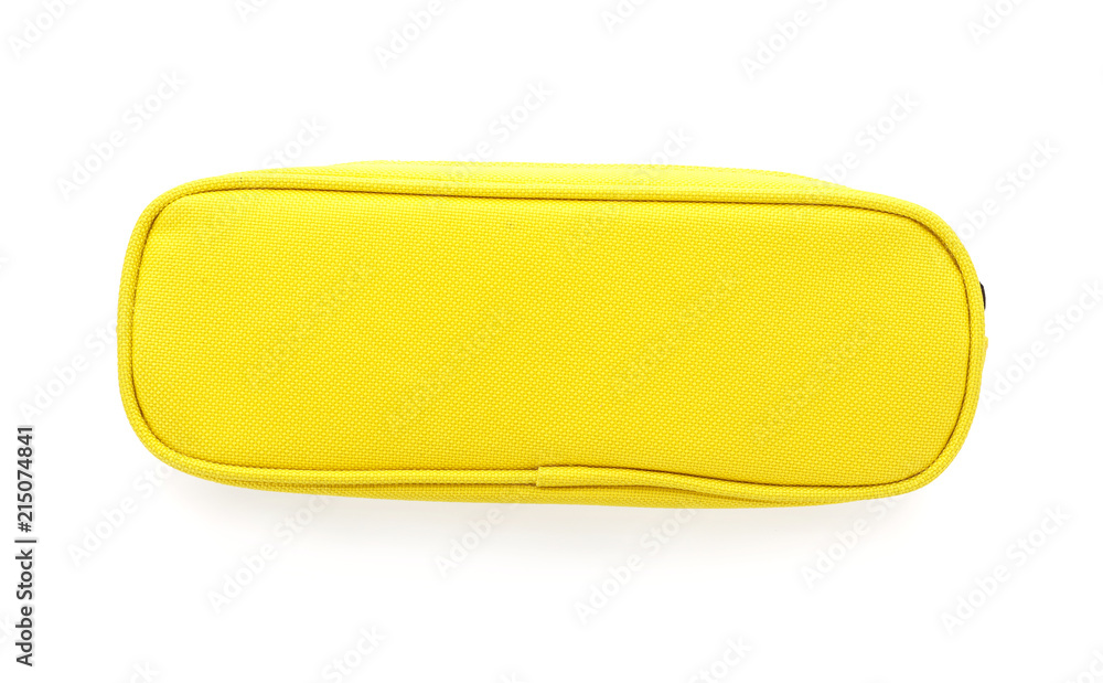 Yellow pen case on white background. Stationery for school Yellow pen case on white background. Stationery for school