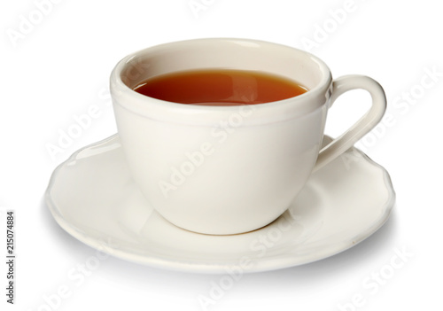 Ceramic cup of hot aromatic tea on white background