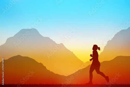 silhouette Young woman running on sunset